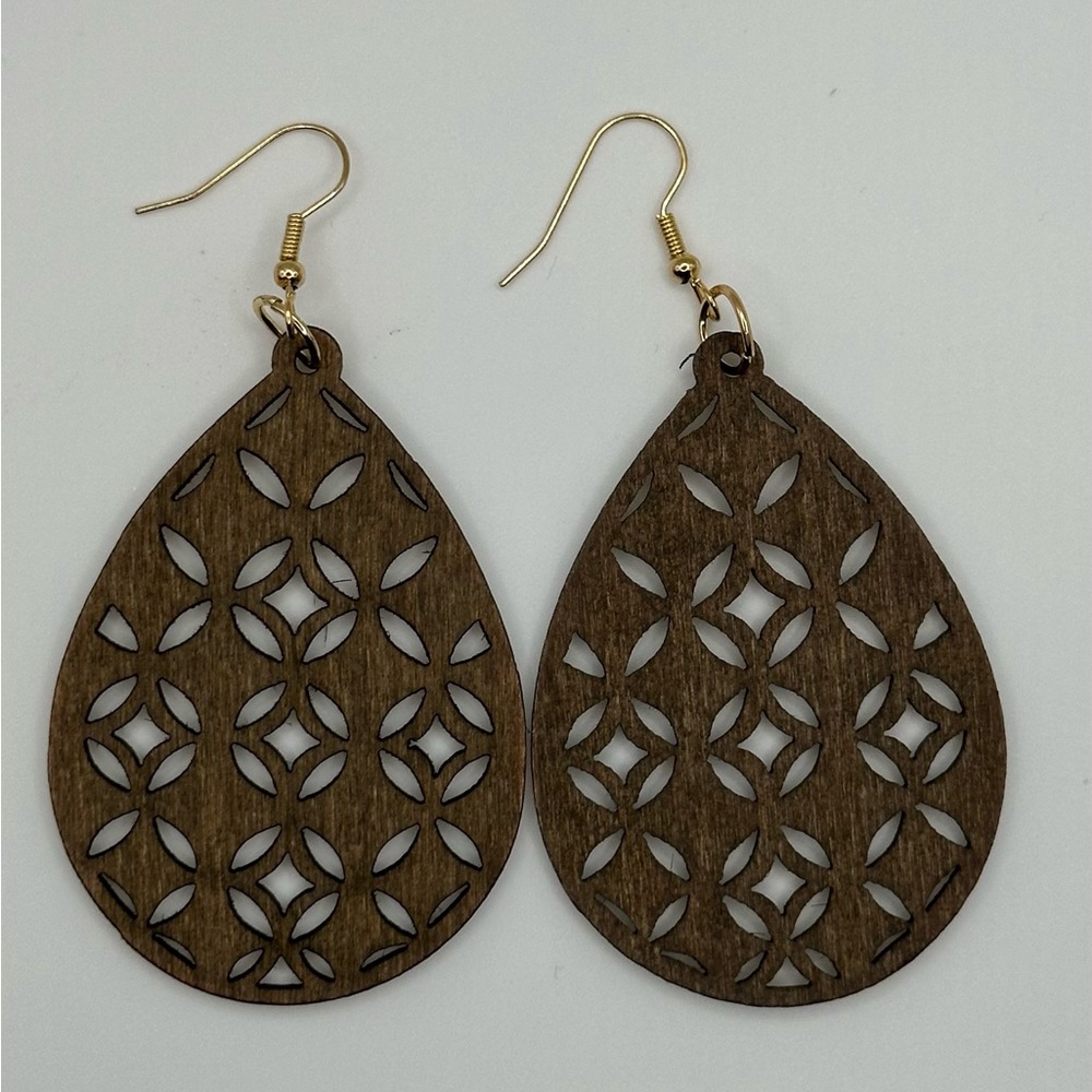 Boho, wooden, laser cut earrings. Brand new, never worn. Gold fishhooks.